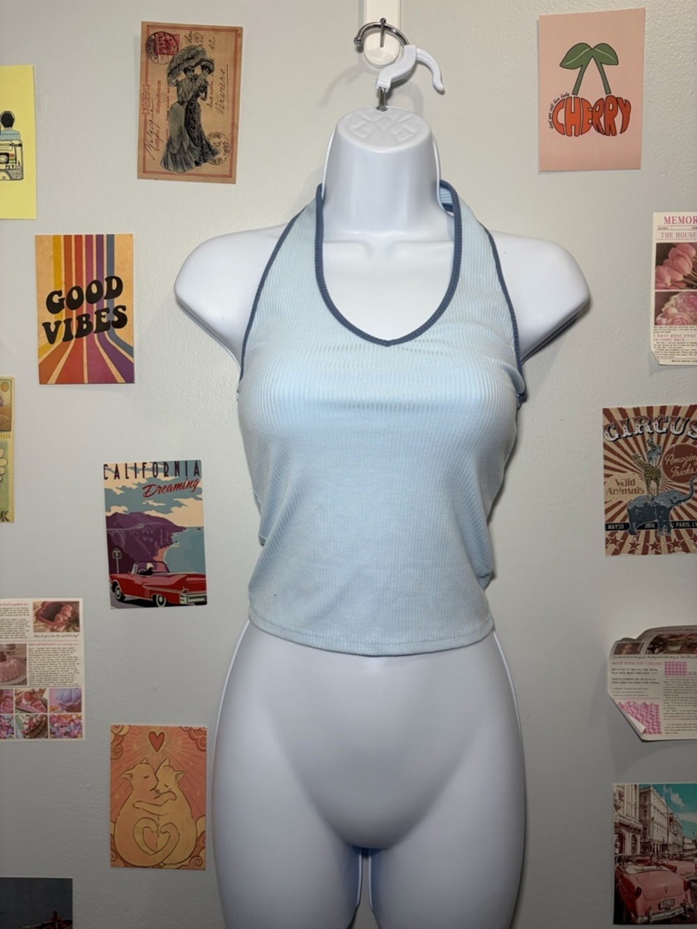 American Eagle Outfitters Light Blue Ribbed Halter Crop Top with Navy Trim